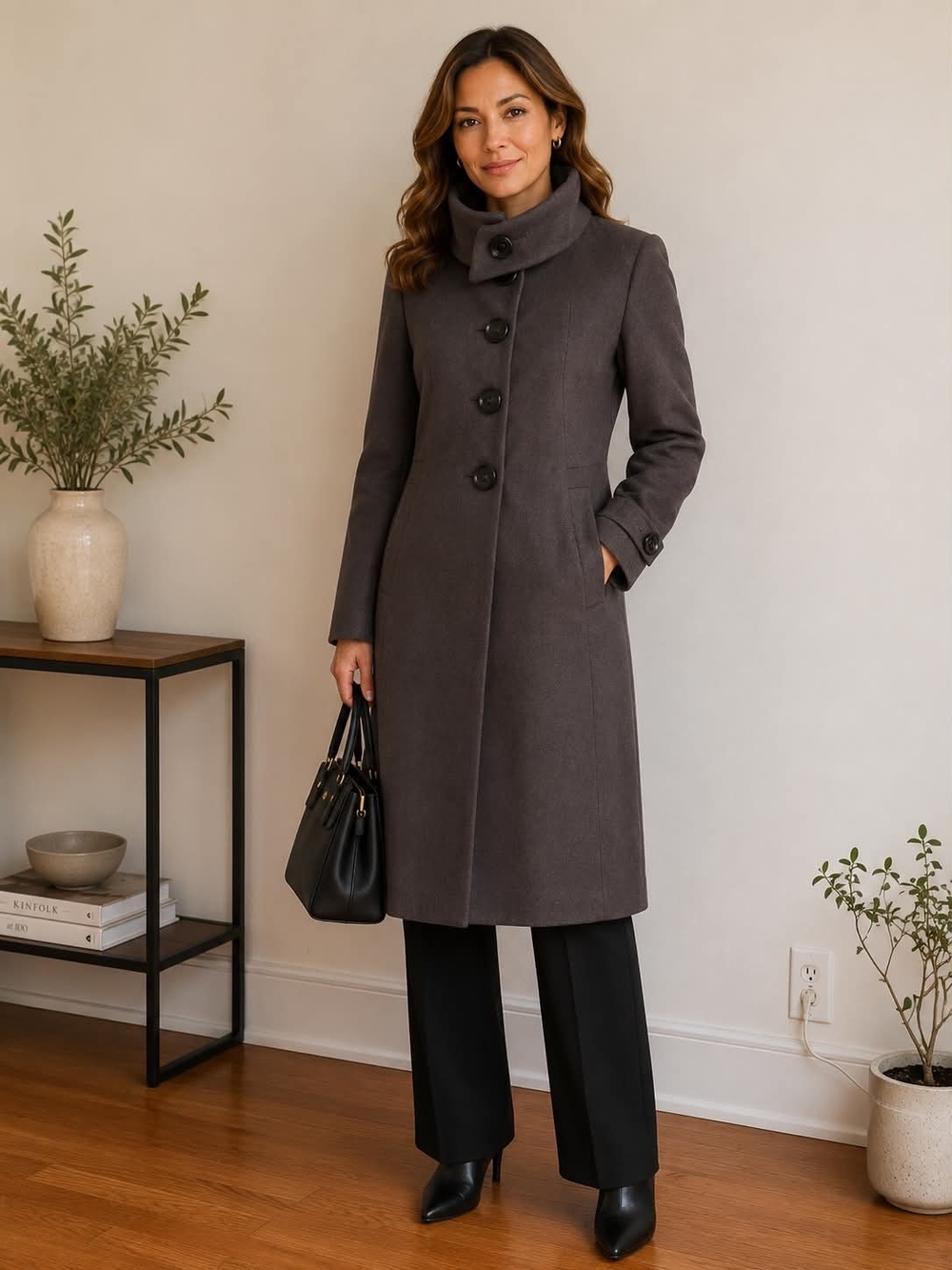 Votre Nom Charcoal High-Collar Wool-Blend Trench Coat